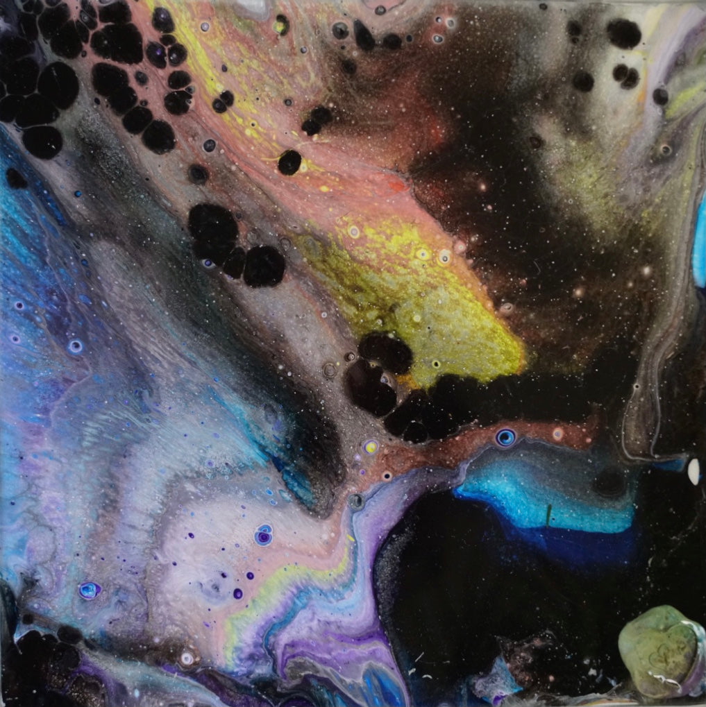 galaxy fluid art black yellow blue peach lovedom art